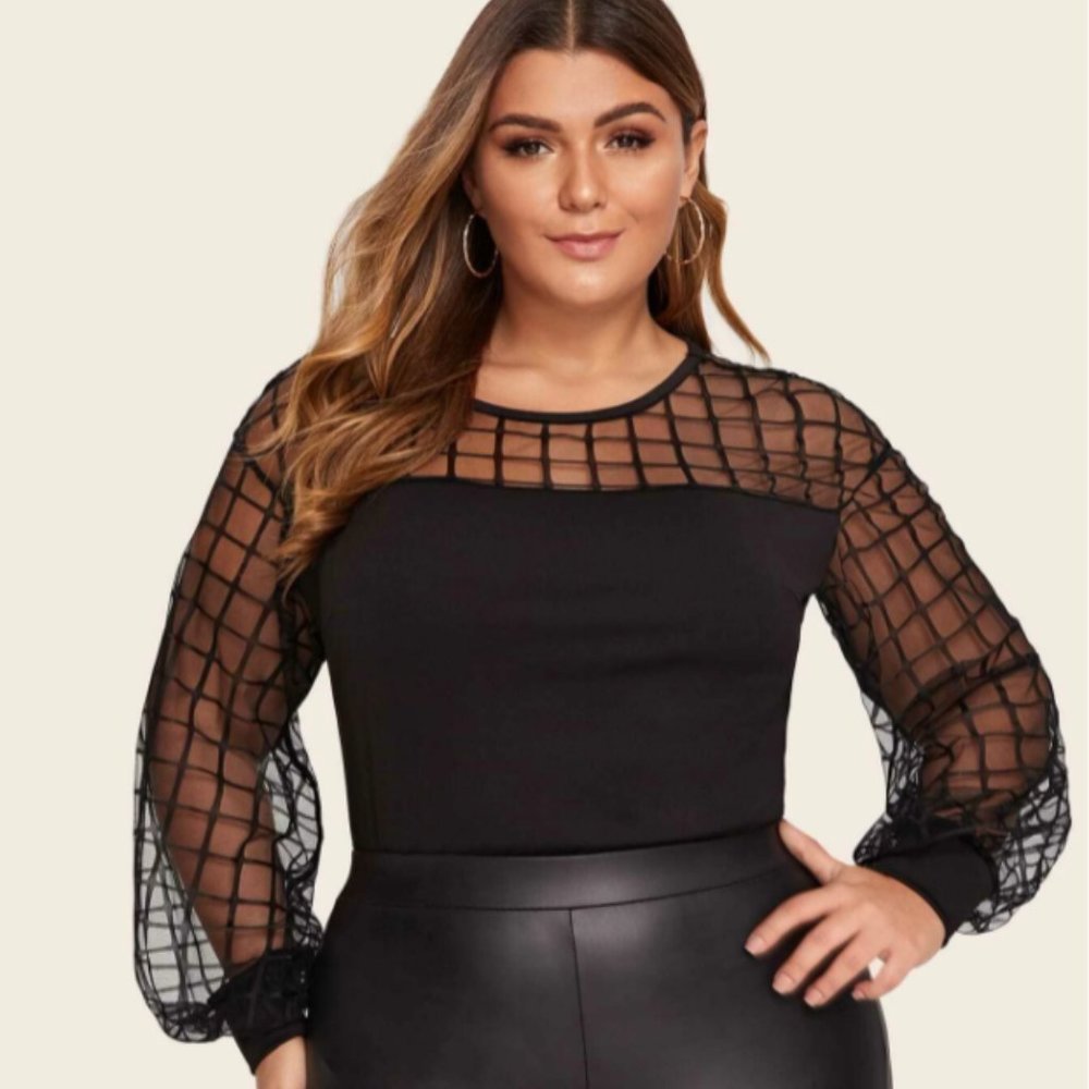Grid Mesh Sleeves Solid Black Top